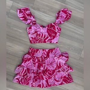 Pink Leaf Print Ruffle Two-Piece Set